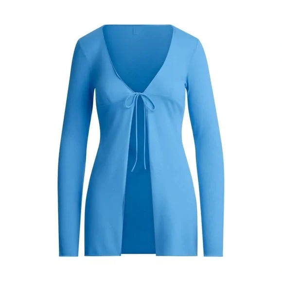 Skims Rare Cotton Jersey Swim Cover-Up Tie Front Long Sleeve Top NWT in Tide - Picture 5 of 10